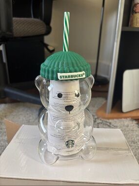 Starbucks Clear Bear Tumbler with Green Beanie Lid and Striped Straw